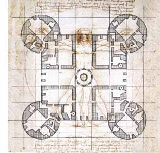 Vitruvian man superimposed on château plan