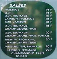 Menu for savoury crepes