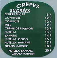 Menu for sweet crepes